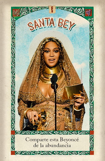E! Latino Facebook post: Santa Bey, Beyoncé prayer-card illustration
