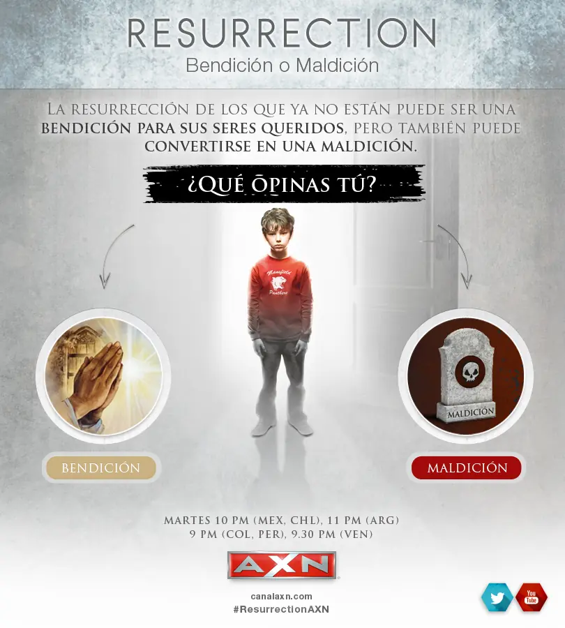 AXN promotional graphic for the series Resurrection asking whether resurrection is a blessing or a curse, with a boy standing in a doorway