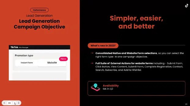 TikTok Ads Manager slide on the new Lead Generation campaign objective, combining instant form and website form options