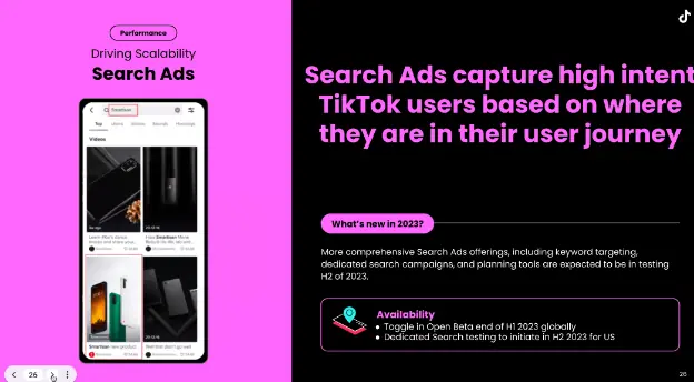 TikTok slide titled Search Ads: Search Ads capture high-intent TikTok users based on where they are in their user journey
