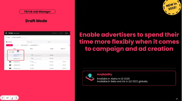 TikTok Ads Manager Draft Mode slide on flexible campaign and ad creation, new in 2023