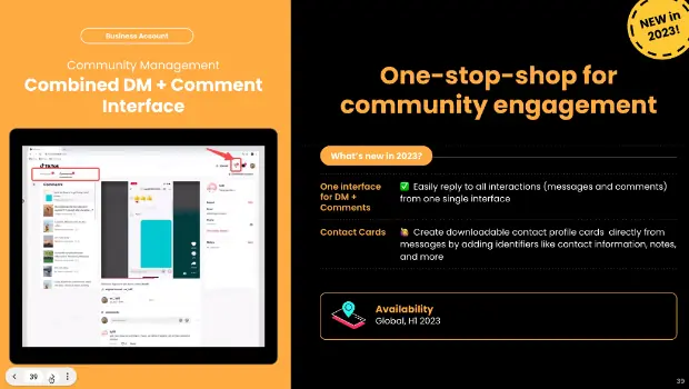 TikTok slide 'One-stop-shop for community engagement' showing the combined DM and comment interface