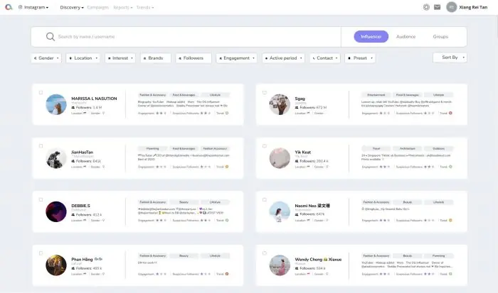 Affable influencer marketing platform dashboard screenshot listing influencer profiles with filters