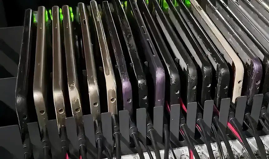 Rows of used smartphones plugged into a rack, illustrating a streaming fraud phone farm