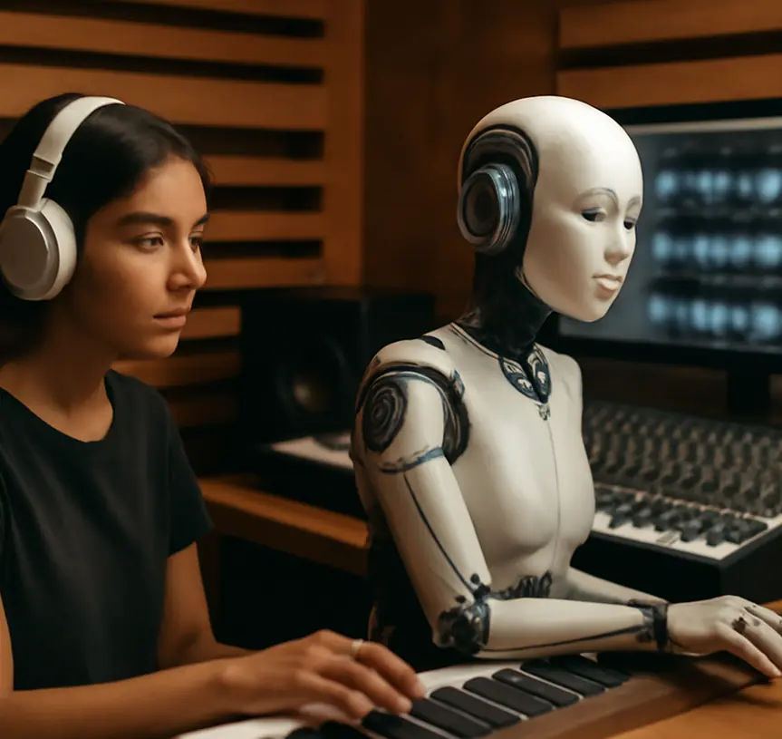 AI-generated scene of a woman with headphones and a humanoid robot working at a music studio keyboard